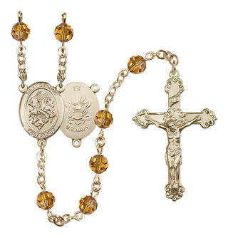 14 Karat Gold-Filled 6mm Austrian Crystal Saint George / Navy Rosary in Topaz