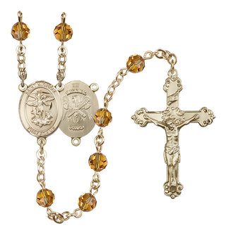 14 Karat Gold-Filled 6mm Austrian Crystal Saint Michael / Nat'l Guard Rosary in Topaz
