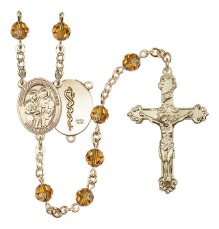 14 Karat Gold-Filled 6mm Austrian Crystal Saints Cosmas & Damian / Doctors Rosary in Topaz