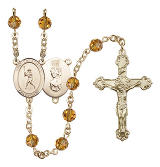 14 Karat Gold-Filled 6mm Austrian Crystal Saint Christopher/Baseball Rosary in Topaz