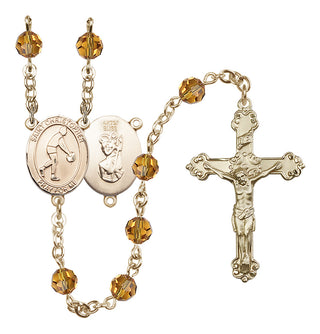 14 Karat Gold-Filled 6mm Austrian Crystal Saint Christopher/Basketball Rosary in Topaz