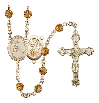 14 Karat Gold-Filled 6mm Austrian Crystal Saint Sebastian/Ice Hockey Rosary in Topaz