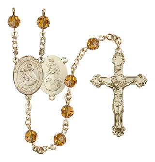 14 Karat Gold-Filled 6mm Austrian Crystal Our Lady of Mount Carmel Rosary in Topaz