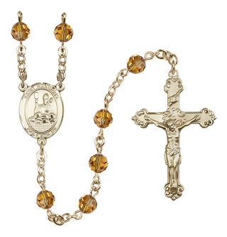 14 Karat Gold-Filled 6mm Austrian Crystal Saint Honorius of Amiens Rosary in Topaz