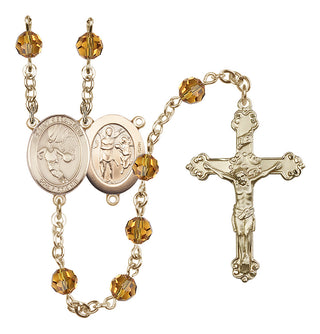 14 Karat Gold-Filled 6mm Austrian Crystal Saint Sebastian/Basketball Rosary in Topaz