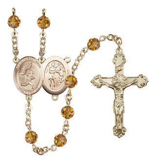 14 Karat Gold-Filled 6mm Austrian Crystal Saint Sebastian /Track&Field-Men Rosary in Topaz