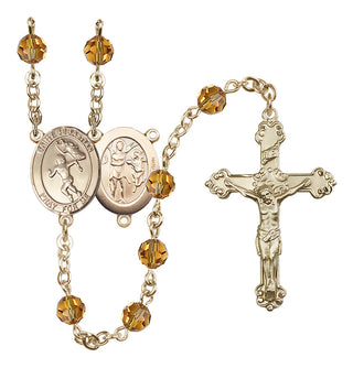 14 Karat Gold-Filled 6mm Austrian Crystal Saint Sebastian /Track&Field-Women Rosary in Topaz