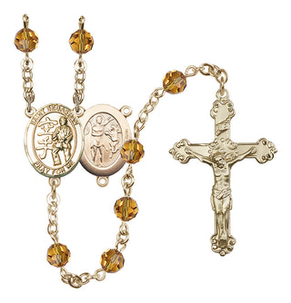 14 Karat Gold-Filled 6mm Austrian Crystal Saint Sebastian/Karate Rosary in Topaz