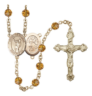 14 Karat Gold-Filled 6mm Austrian Crystal Saint Sebastian/Lacrosse Rosary in Topaz