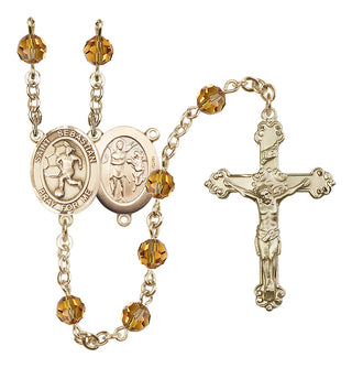 14 Karat Gold-Filled 6mm Austrian Crystal Saint Sebastian/Soccer-Women Rosary in Topaz