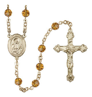 14 Karat Gold 6mm Austrian Crystal Saint Camillus of Lellis Rosary in Topaz