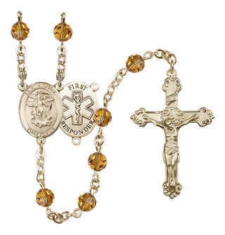 14 Karat Gold 6mm Austrian Crystal Saint Michael/1St Responder Rosary in Topaz