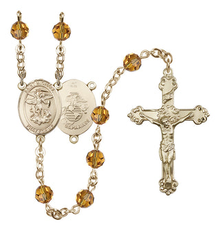 14 Karat Gold 6mm Austrian Crystal Saint Michael / Marines Rosary in Topaz