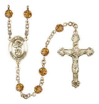 14 Karat Gold 6mm Austrian Crystal San Miguel Arcangel Rosary in Topaz