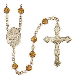 14 Karat Gold 6mm Austrian Crystal Saints Cosmas & Damian Rosary in Topaz