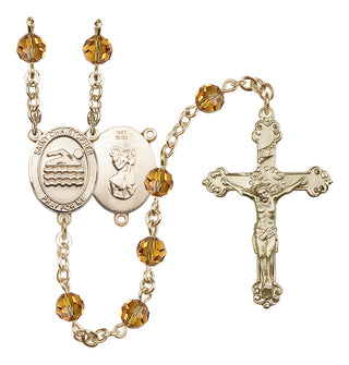 14 Karat Gold 6mm Austrian Crystal Saint Christopher/Swimming Rosary in Topaz