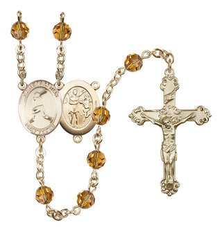 14 Karat Gold 6mm Austrian Crystal Saint Sebastian/Baseball Rosary in Topaz