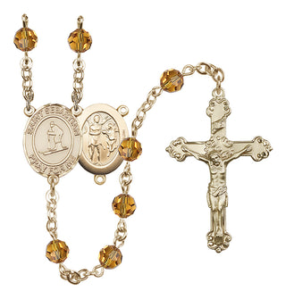 14 Karat Gold 6mm Austrian Crystal Saint Sebastian/Skiing Rosary in Topaz