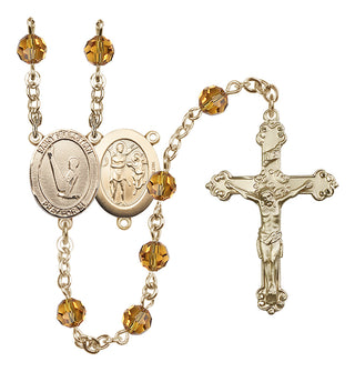 14 Karat Gold 6mm Austrian Crystal Saint Sebastian/Gymnastics Rosary in Topaz