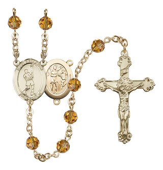 14 Karat Gold 6mm Austrian Crystal Saint Sebastian/Lacrosse Rosary in Topaz