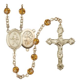 14 Karat Gold 6mm Austrian Crystal Saint Sebastian/Field Hockey Rosary in Topaz