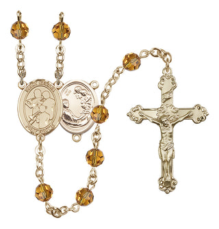14 Karat Gold 6mm Austrian Crystal Saint Cecilia / Marching Band Rosary in Topaz
