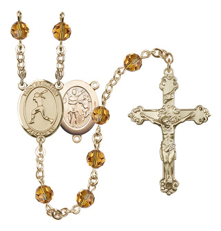 14 Karat Gold 6mm Austrian Crystal Saint Sebastian / Softball Rosary in Topaz