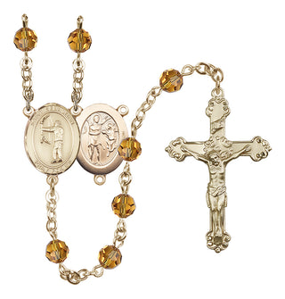14 Karat Gold 6mm Austrian Crystal Saint Sebastian / Archery Rosary in Topaz