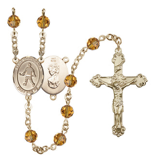 14 Karat Gold 6mm Austrian Crystal Saint Christopher / Field Hockey Rosary in Topaz