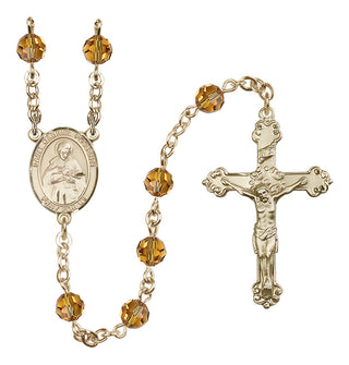 14 Karat Gold 6mm Austrian Crystal Saint Gabriel Possenti Rosary in Topaz