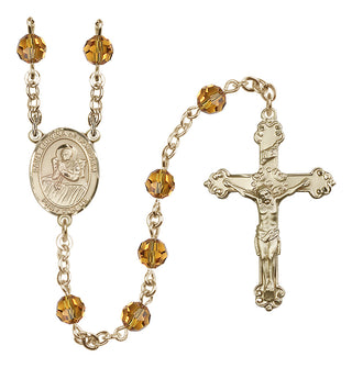 14 Karat Gold 6mm Austrian Crystal Saint Lidwina of Schiedam Rosary in Topaz