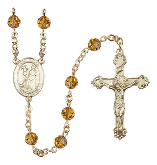14 Karat Gold 6mm Austrian Crystal Saint Rocco Rosary in Topaz