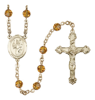 14 Karat Gold 6mm Austrian Crystal Saint Uriel the Archangel Rosary in Topaz