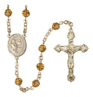 14 Karat Gold 6mm Austrian Crystal Saint Claude de la Colombiere Rosary in Topaz