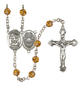 Sterling Silver 6mm Austrian Crystal Saint Michael the Archangel/Policeman Rosary in Topaz