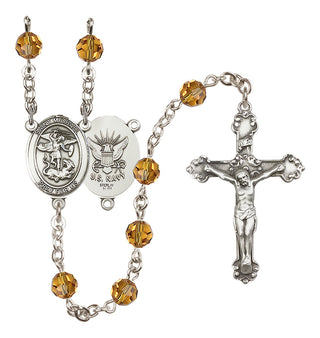 Sterling Silver 6mm Austrian Crystal Saint Michael / Navy Rosary in Topaz