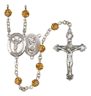 Sterling Silver 6mm Austrian Crystal Saint Christopher/Cheerleading Rosary in Topaz