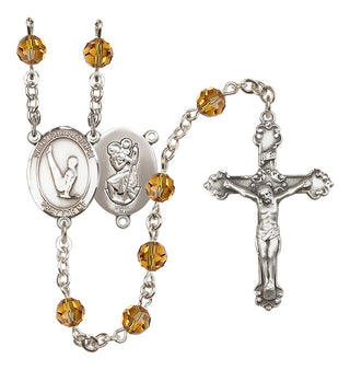 Sterling Silver 6mm Austrian Crystal Saint Christopher/Gymnastics Rosary in Topaz