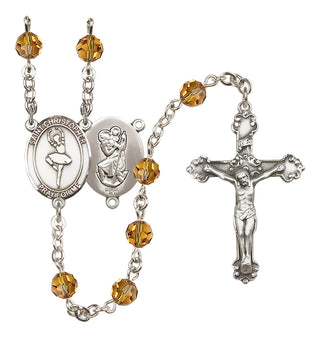 Sterling Silver 6mm Austrian Crystal Saint Christopher/Dance Rosary in Topaz