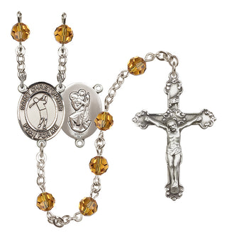 Sterling Silver 6mm Austrian Crystal Saint Christopher/Golf Rosary in Topaz