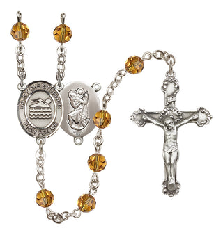 Sterling Silver 6mm Austrian Crystal Saint Christopher/Swimming Rosary in Topaz