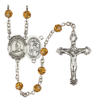 Sterling Silver 6mm Austrian Crystal Saint Sebastian/Skiing Rosary in Topaz