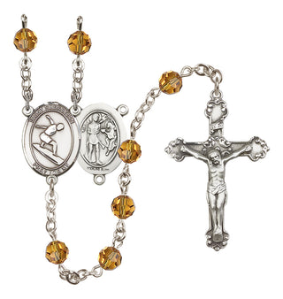 Sterling Silver 6mm Austrian Crystal Saint Sebastian/Surfing Rosary in Topaz