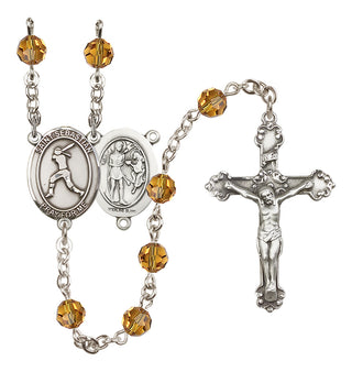 Sterling Silver 6mm Austrian Crystal Saint Sebastian / Softball Rosary in Topaz