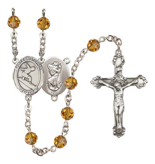 Sterling Silver 6mm Austrian Crystal Saint Christopher/Surfing Rosary in Topaz