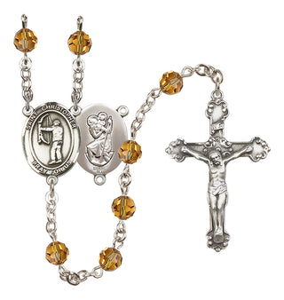 Sterling Silver 6mm Austrian Crystal Saint Christopher/Archery Rosary in Topaz