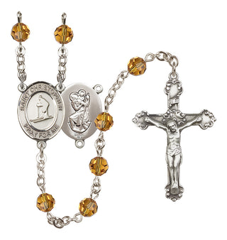 Sterling Silver 6mm Austrian Crystal Saint Christopher / Skiing Rosary in Topaz