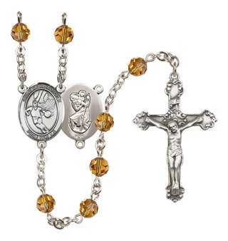 Sterling Silver 6mm Austrian Crystal Saint Christopher/Basketball Rosary in Topaz