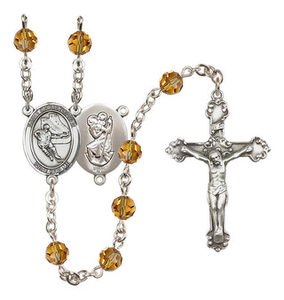Sterling Silver 6mm Austrian Crystal Saint Christopher/Hockey Rosary in Topaz