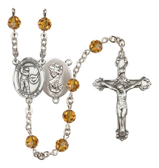 Sterling Silver 6mm Austrian Crystal Saint Christopher/Golf Rosary in Topaz